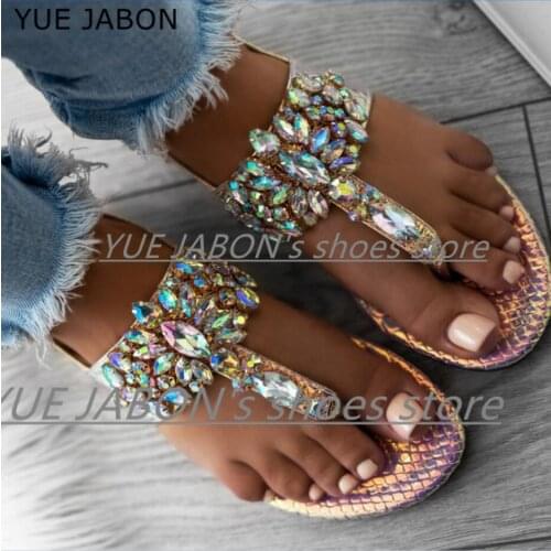 2021 woman sandals women Rhinestones Flat Sandals Thong Crystal Flip Flops sandals gladiator sandals Beach Casual Ladies Shoes