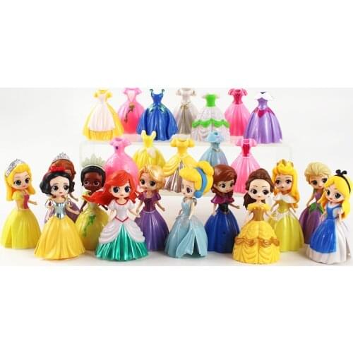24pcs Princess Figures Dress Changeable Snow White Belle Tangled Alice Anna Sofia Aurora Cinderella Sleeping Beauty Model Toys