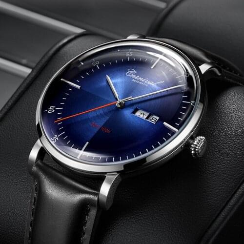 New Carnival Mechanical Automatic Watch Men Reloj Hombre Leather Strap Mens Watches Top Brand Luxury Waterproof Wristwatch Blue