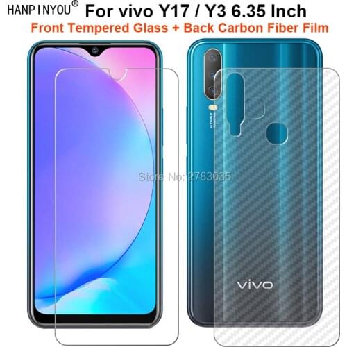 For vivo Y17 / Y3 6.35" 1 Set = Soft Back Carbon Fiber Film + Ultra Thin Clear Premium Tempered Glass Front Screen Protector