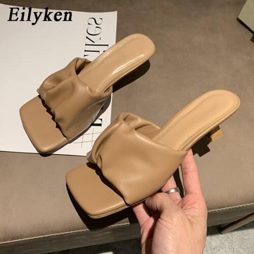 Eilyken New Fashion Pleated Pu Leather Slides Women Summer Sexy High Quality Square Toe Slippers Outdoor Casual Dress Shoes