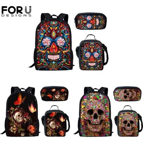 FORUDESIGNS Cool Skull 3D Print Men Boys Backpack 3pcs Children Book Bags Teens Girls School Book Bags Outdoor Mochila Escolar