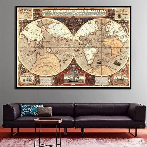 A2 Size Spray Painting World Map Fine Canvas Waterproof Retro Style Wall Decor Map Home Desk Art Crafts