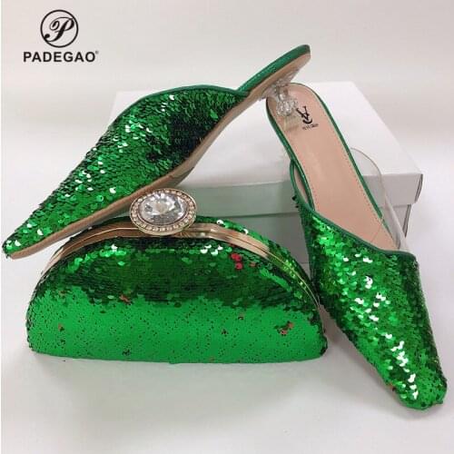 2020 Green Color Italian Design Shoes and Bags To Match Set African Women Wedding Shoes and Bags Sets with Crystal