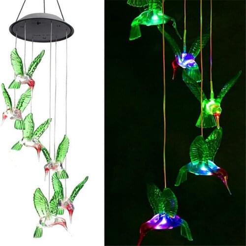 Solar color changing wind chime lamp 6LED small hummingbird butterfly dragonfly colorful garden decoration hanging lamp