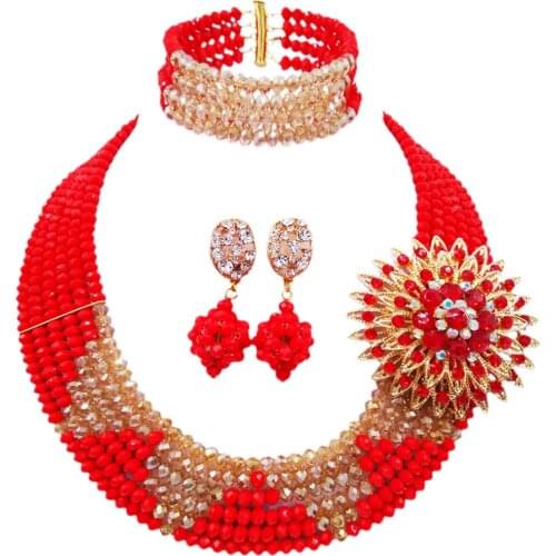 Fashion Opaque Red and Champagne Gold AB African Wedding Beads Necklace Nigerian Jewelry Set Crystal Party Jewelry Sets 6SJ04