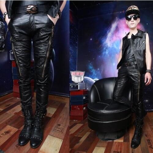 Autumn winter new personality fashion motorcycle faux leather pants mens feet pants pu trousers for men pantalon homme korean
