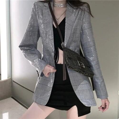 Autumn Loose Casual Women Slim Grey Sequin Plaid Blazers Notched Collar Long Sleeve Office Ladies Suit Jacket Streetwear Fashion