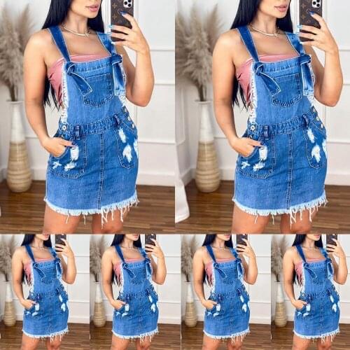 Women Washed Ripped Denim Dress With Pockets Casual Ladies Jeans Summer Dress Fashion Casual Blue Mini Dress D30