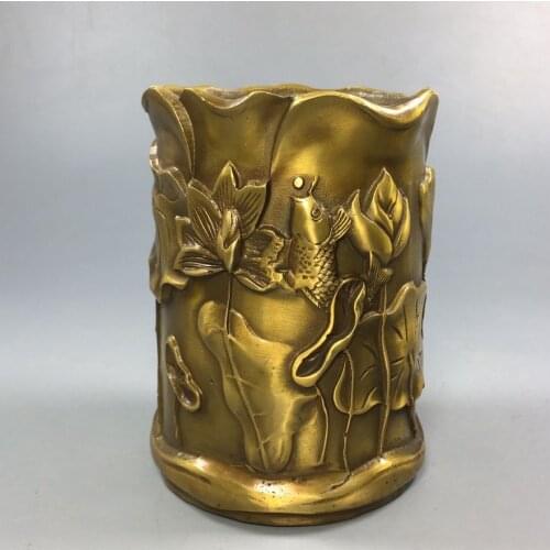 Collect China Fine Workmanship Copper Sculpture Brass Lotus Flower Fish Pen Barrel Metal Crafts Home Decoration