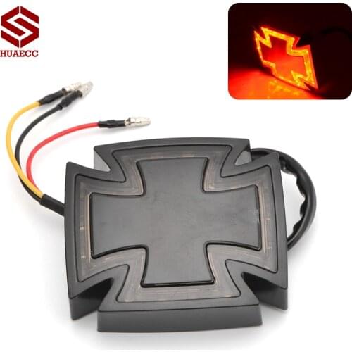Universal 12V Motorcycle LED Rear Tail Brake Light Red Iron Cross Chrome Brake Taillight LED with License Plate Light
