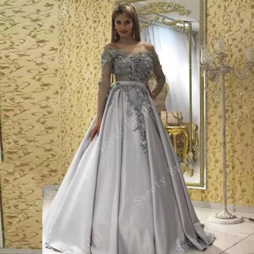 Saudi Arabia Off Shoulder Gray Evening Dresses 2021 with Long Sleeves A Line Formal Party Gown Prom Dress Robes De Soirée Longo