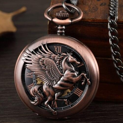 Vintage Black Horse With Wing Hollow Retro Hand Wind Mechanical Pocket Watch Men Steampunk Chain Watch Pendant Roman Numerals