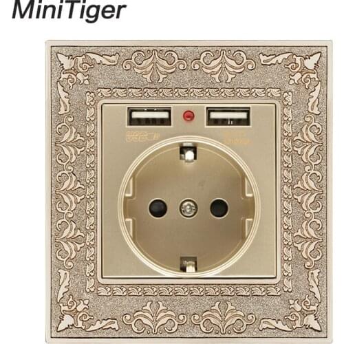 Minitiger Zinc Alloy High-end Retro Panel 16A Gold EU Standard Power Wall Socket With Dual USB 2.1A Charging Port Embossed Panel