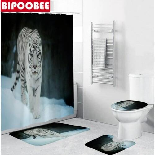 White Tiger Pattern Shower Curtain Waterproof Polyester Bathroom Curtains Bath Rugs Pedestal Anti-slip Carpet Toilet Cover Mats
