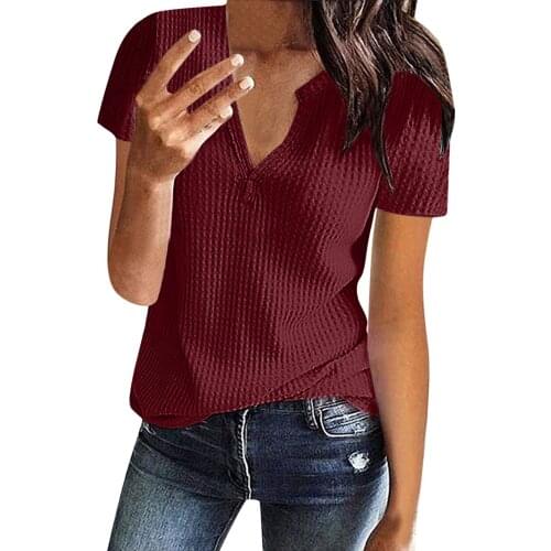 Womens Summer Fashion Knit Short Sleeve Tunic Top V-neck Loose Shirt Solid Color Топ Женский Летний #G2