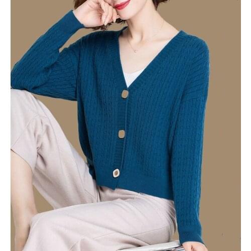 Cardigan Knitted Crop Cardigan Women Korean Short Sweater Long sleeve V neck Cardigan Green Blueexpose Waist Women Clothing