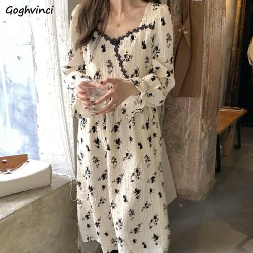 Long Flare Sleeve Dress Women Print Square Collar Elegant Trendy Chic Ruffles Lace Pleated Empire A-line Chiffon Gentle Mid-calf