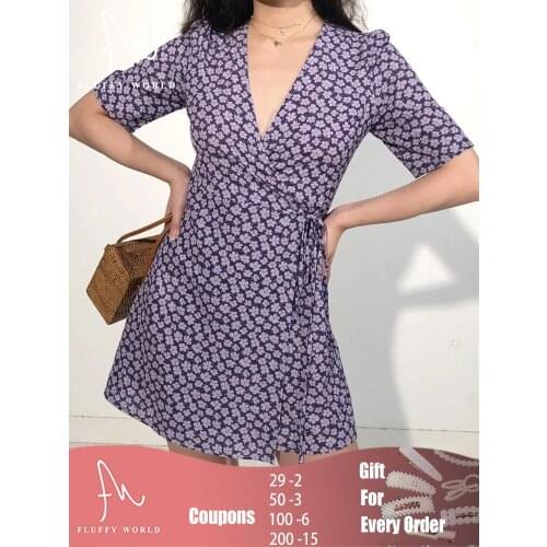 Women Dresses Summer 2021 Sexy V Neck Purple Floral Print Beach Dress Bandage Short Sleeve A Line Mini Dress Wrap Sundress Robe