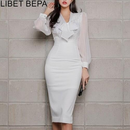 2021 New Autumn Women Dress Chiffon Patchwork Package Hip High Waist Bodycon Dress Elegant Lace Up Bow Offiice Lady Slim DR9187
