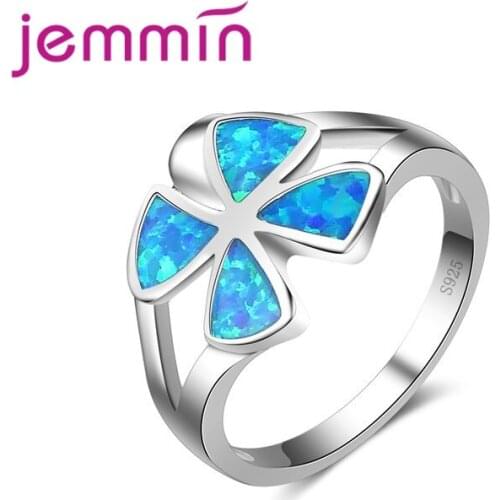 Women Wide Wedding Ring Light Blue Flower Four Leaf Pretty Gift 925 Sterling Silver For Women Lady Party Finger Ring