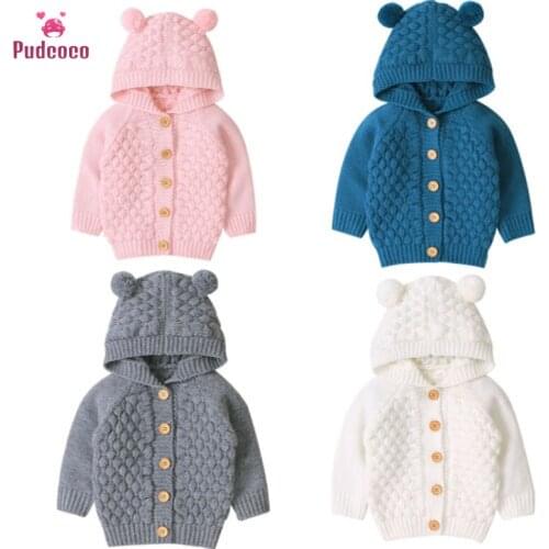Pudcoco 2019 Brand 0-24M Winter Infant Baby Girls Boys Warm Coat 3D Ears Hooded Long Sleeve Knit Lovely Coat Outwears 4 Colors