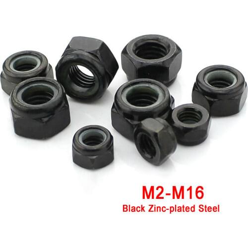 10PCS M2 M2.5 M3 M4 M5 M6 M8 M10 M12 M16 Black Zinc Plated Steel Hex Nylon Insert Lock Nut Self-locking Locknut DIN985