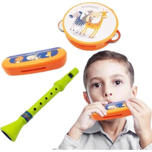 3Pcs/Set Cartoon Animal Kids Harmonica Tambourine Musical Instrument Toy Toddler Early Education Cognition Toy Kid Birthday Gift