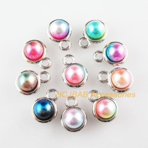 32Pcs Dull Silver Plated Round Smooth Colored Acrylic Charms Pendants 11x15mm