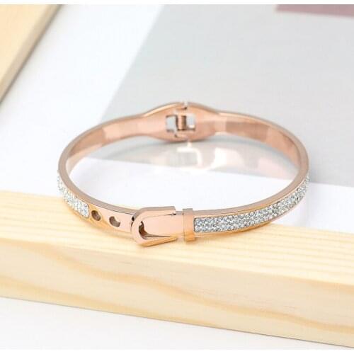 316L Stainless Steel Rose Gold Color Belt Buckle Shape Zircon Charms Bangles Bracelets For Women Fashion Trend Fine Jewelry Gift