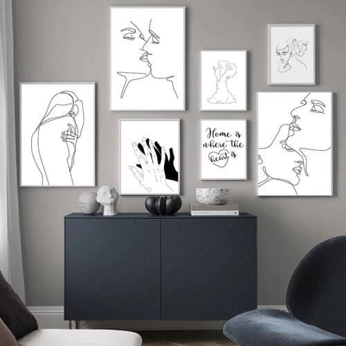 Abstract Couple Kiss Line Drawing Wall Art Canvas Painting Hand In Hand Poster Black And White Quote Art Print Nordic Home Decor