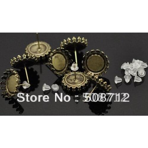 Free shipping!!! 14mm crown pad 500pcs/lot bronze tone earring studs with earring stoppers,Earringsbase,earrings Post