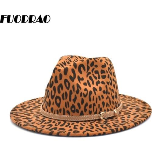 FUODRAO New Autumn Leopard Print Fedoras Women Fashion Wide Brim Felt Fedora Hats Jazz Caps Men Vintage Panama F132