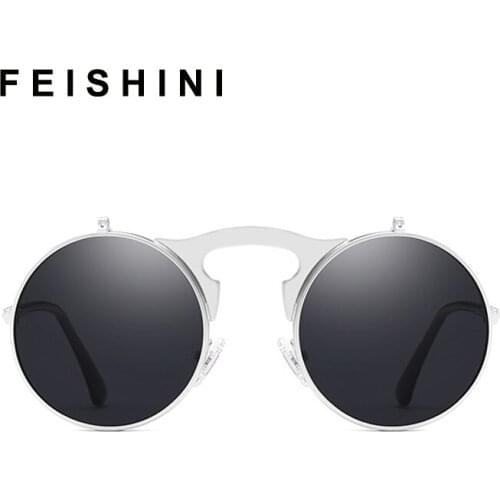 FEISHINI Steampunk Flip Amphibious Women Sunglass Round Designer Steam Punk Metal OCULOS COATING Polarized SUNGLASSES Men Retro