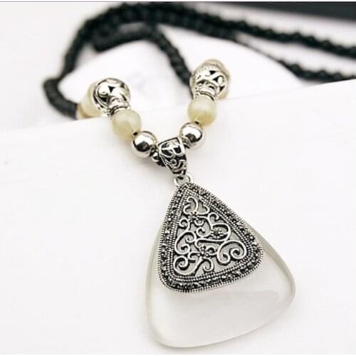 FYJS Unique Jewelry Silver Plated Decorative Pattern Geometric Shape Cat Eye Stone Pendant Long Beads Chain Necklace