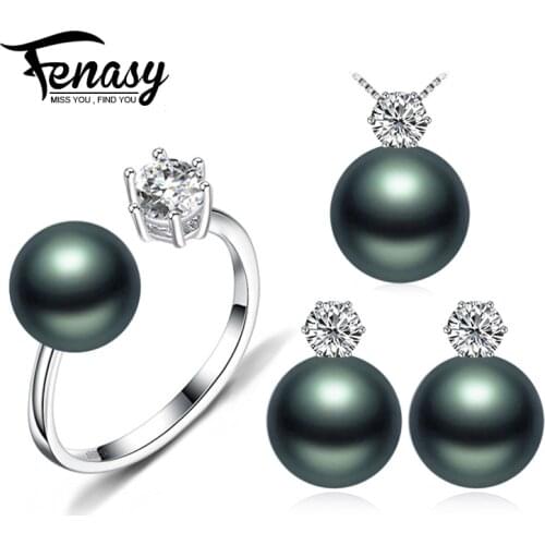 FENASY Pearl Jewelry Brand wedding engagement jewelry sets Natural Pearl pendant Necklace women stud Earrings crown ring 8-9mm