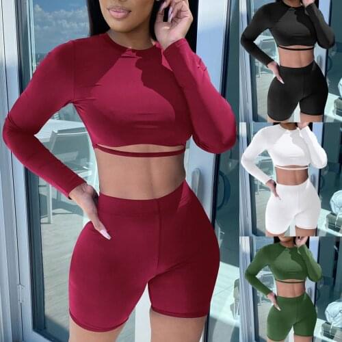 2pc Tight Tracksuit Womens Fitness Set Casual Solid Color Homewear Suit Long Sleeve Round Neck Crop Top Shorts Sports Clothing