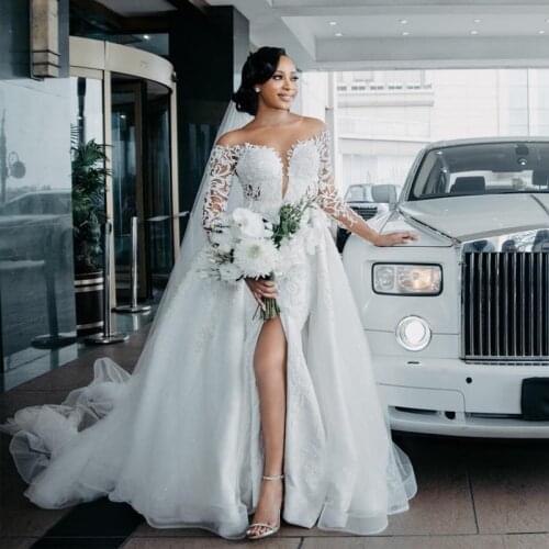 Lace Appliqued Bead Detachable Train Wedding Dresses with Sleeve Button Back Bridal Gown Front Split Vestidos De Novia