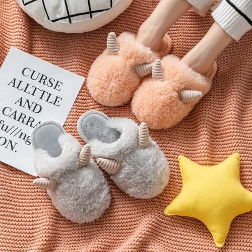Cute Animal OX Horn Warm Plush Women Slippers Couple Winter House Bedroom Furry Shoes Girl Flat Anti Slip Comfort Cotton Slides