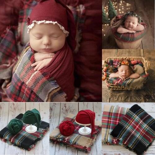 A Set 3pcs Newborn Baby Photography Accessories a Hat, a 140x140CM Blanket, a 40x165CM Wrap for Christmas Infant Photo Shooting