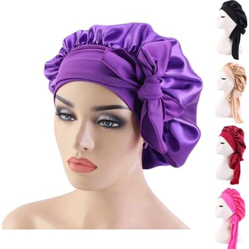 Solid Satin Bonnet With Wide Stretch Ties Long Hair Care Women Night Sleep Hat New