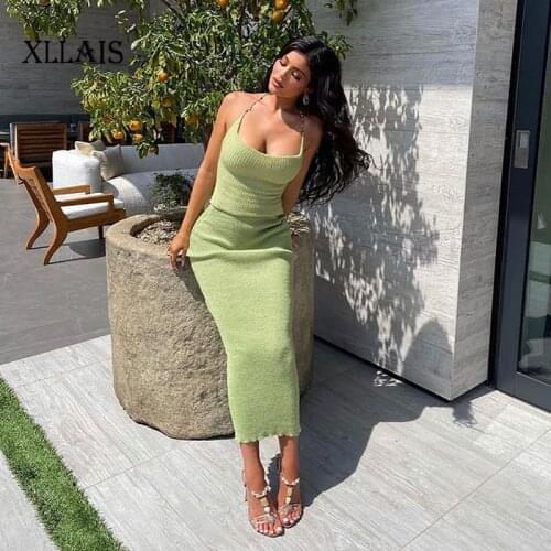 XLLAIS Fall Ribbed Knitted Dress Sets Sexy Backless Crop Top And Skirt Suit Fashion Solid Bodycon 2 Piece Ourfits For Women