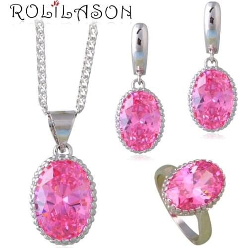 ROLILASON Pink Princess Jewelry Set Champagne silver plated Earrings Necklaces Rings for Wedding Jewelry JS664
