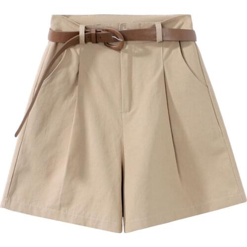 Women Summer Bermuda Shorts With Belt High Waist Wide Leg Front Pleats Soft Shorts Girl Casual Outfits