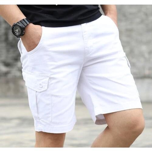 Summer White Multi-pocket Shorts Mens Working Casual Knee Length Pants Trend Loose Large Size Straight Pants