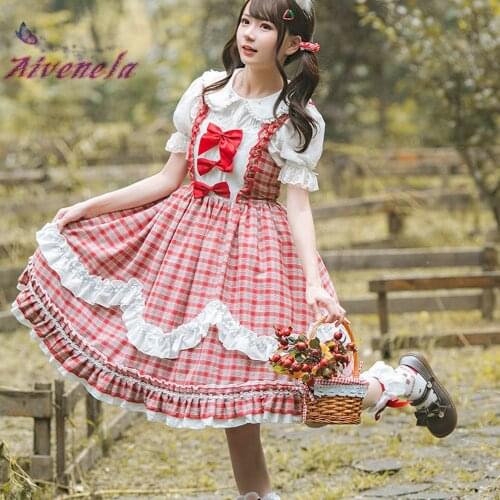 Japanese Lolita Sweet Cute JSK Dress Soft Girl Straped Dresses Loli Bow Plaided Kawaii Girls Women Ball Gown Vestidos AFC934
