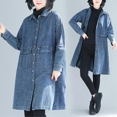 2020 Spring Autumn New Denim Windbreaker Coat Fashion Loose Vintage Style Casual Long Overcoat Plus size Female Jeans Jackets