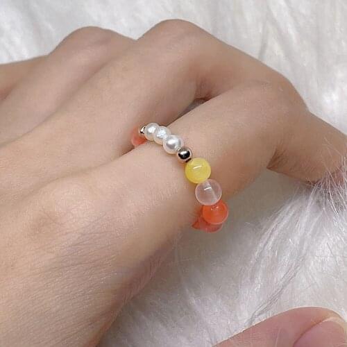 Women Pearl Rings Yellow Natural Stones Gold Plated Beads Elastic Jewelry Handmade Teen Girl Love Gift Aesthetic Accessories