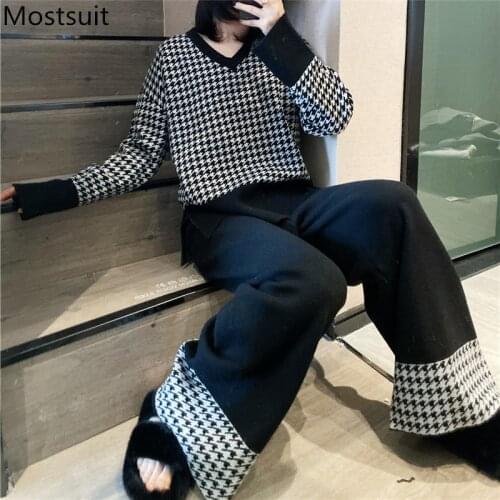 Houndstooth Knitted Women Two Piece Set 2021 Spring V-neck Sweater + Wide Leg Pants Outfits Fashion Elegant Vintage Female Set