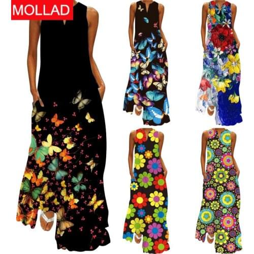 2021 Summer Europe and America Cross Border Supply New Sexy Womens Clothing Printed V-neck Pocket Long Dress Swing Dress